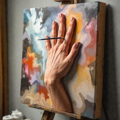 The primary subject of the image is a painting of a hand holding a paintbrush. The hand is depicted in various colors, giving the painting a vibrant and artistic appearance. The setting is a room with a painting easel, and the visual style is a painting or drawing. The colors and mood of the painting are lively and creative, capturing the essence of the artist's work.